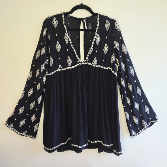 Free People Diamond Embroidered Tunic Top/Babydoll Dress Women's Size Small Boho - Picture 3 of 11